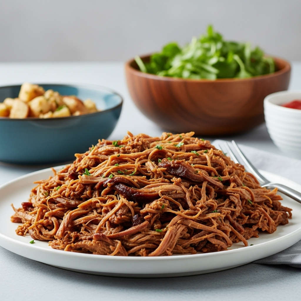 Pulled svinekød i mild tomat- og paprikasauce med ovnbagte perlekartofler og sprød kål