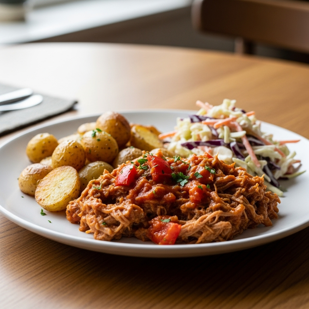 Tallerken med pulled svinekød i mild tomat‑paprikasauce, ovnbagte perlekartofler og frisk coleslaw – varm, familievenlig comfort‑food.