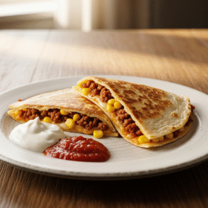 Quesadillas med krydret svineku00f8d, majs og cremefraiche