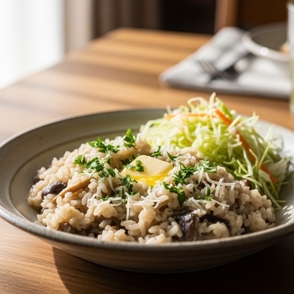 Cremet svamperisotto (Risotto ai Funghi) toppet med frisk persille, serveret med sprød kålsalat og brød.