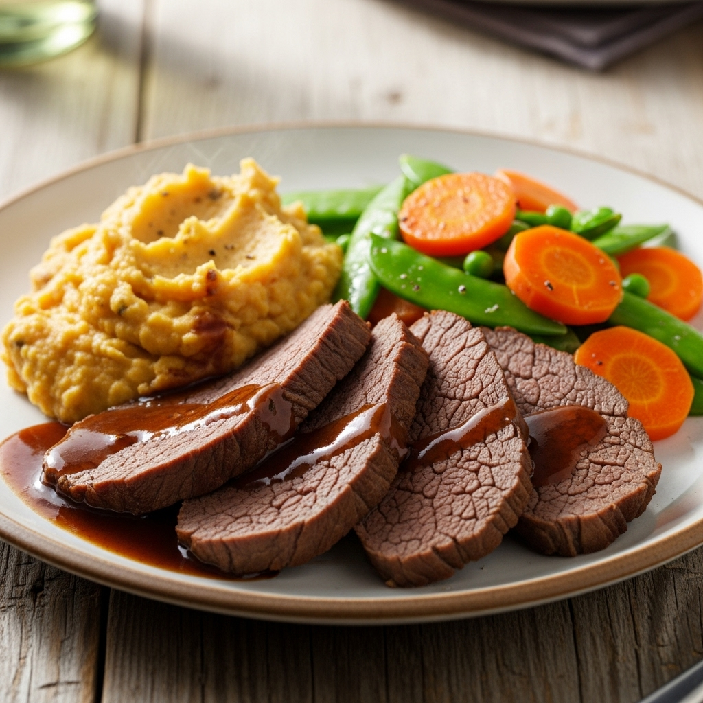Rødvinsbraiseret oksesteg med rodfrugtmos og dampede ærter/gulerødder
