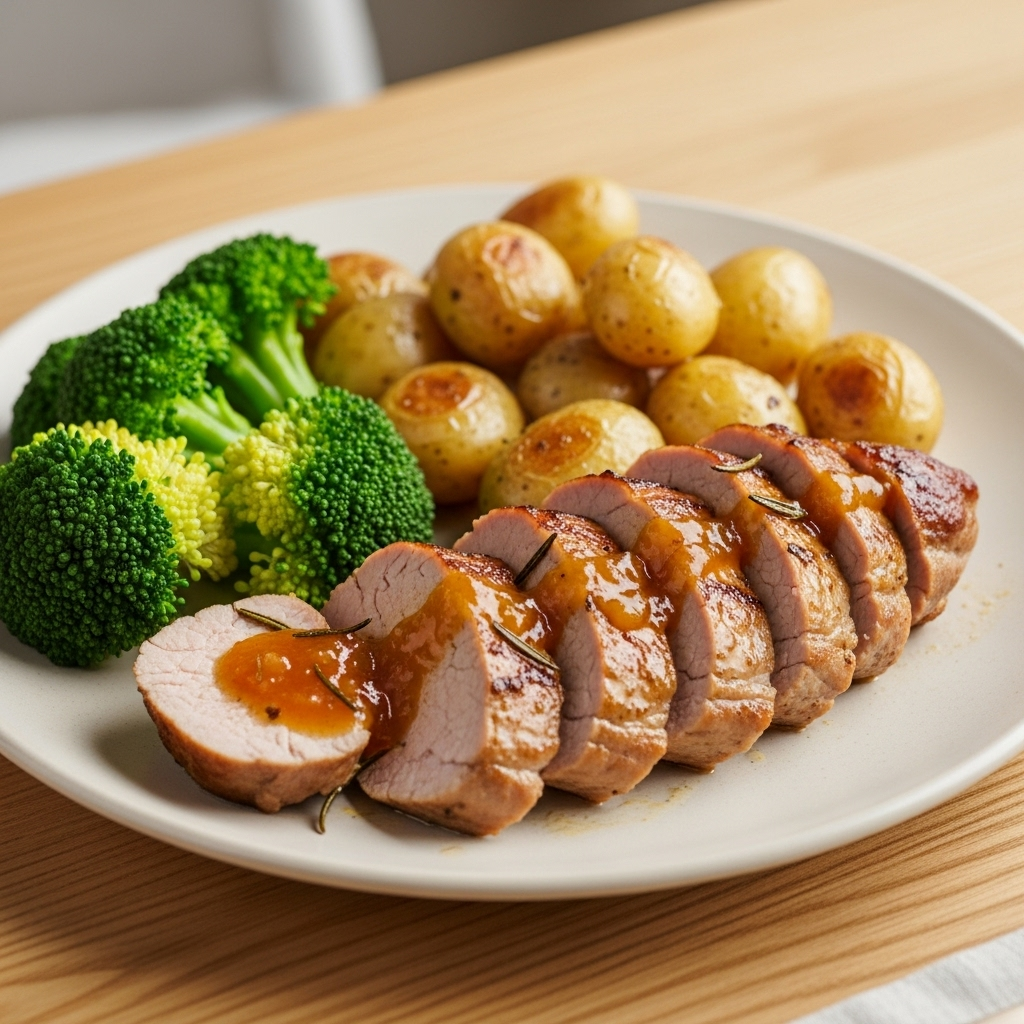 Skiver af appelsin- og rosmaringlaseret svinemørbrad med blank glasur, serveret med sprøde ovnbagte perlekartofler og dampet broccoli.