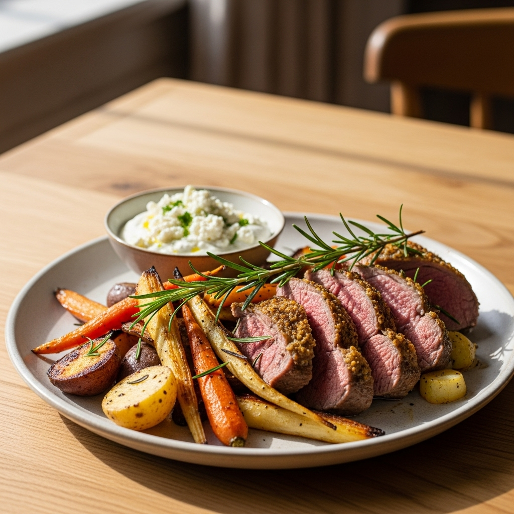 Rosmarinlam med ovnristede rodfrugter og cremet feta-yoghurtdip
