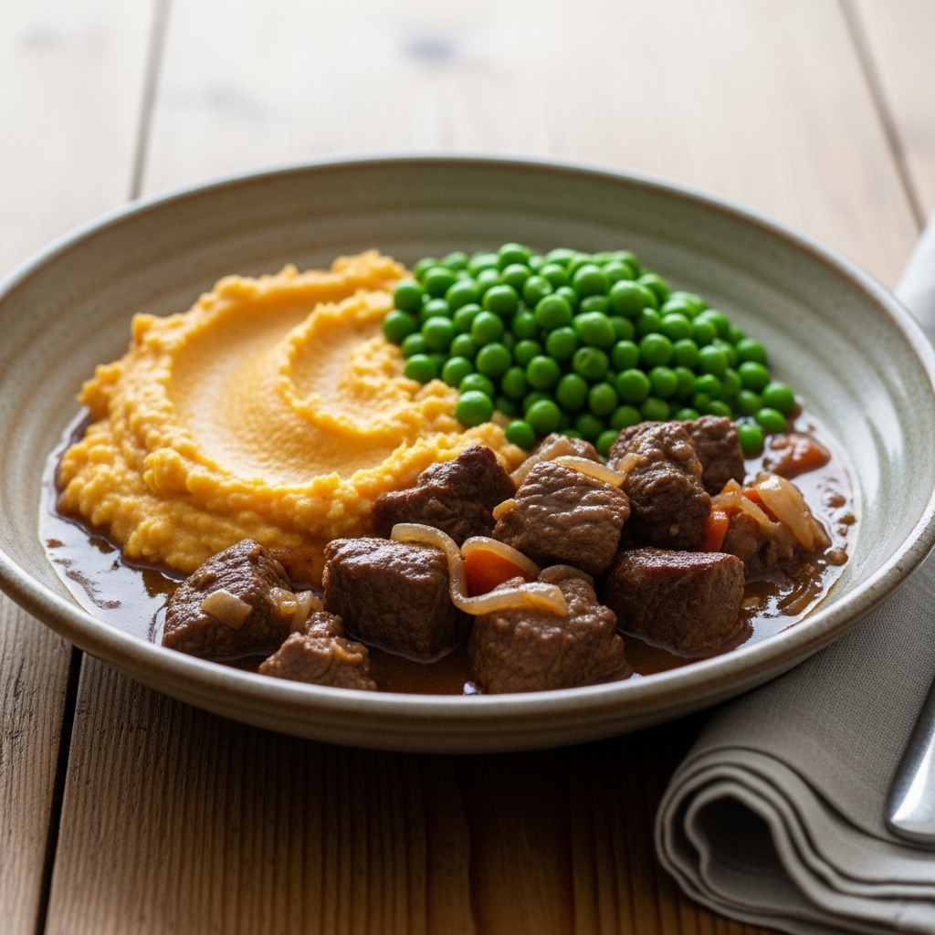 Rugbrødsinspireret oksegryde med rodfrugtmos og dampede ærter