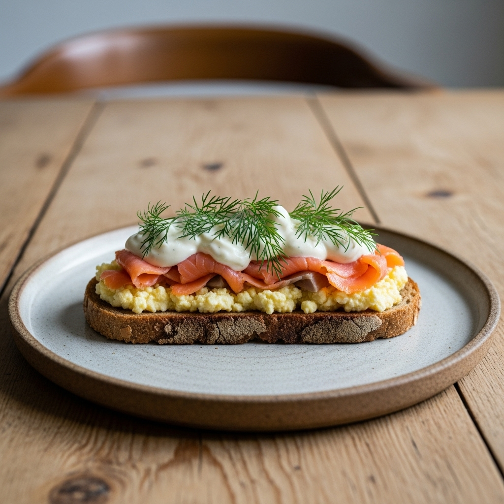 Rugbrødstoast med varmrøget laks, cremet æggecreme, frisk dild og citronskive på tallerken.