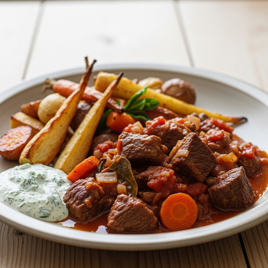 Rustik oksegryde i tomatsauce med ovnbagte rodfrugter og en skefuld mynte-cremefraiche; serveret med brød.