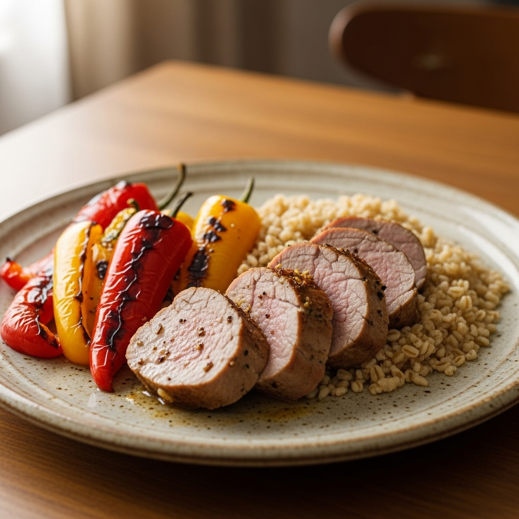 Rustik ovnstegt svinemørbrad med grillede peberfrugter og fuldkornsbulgur