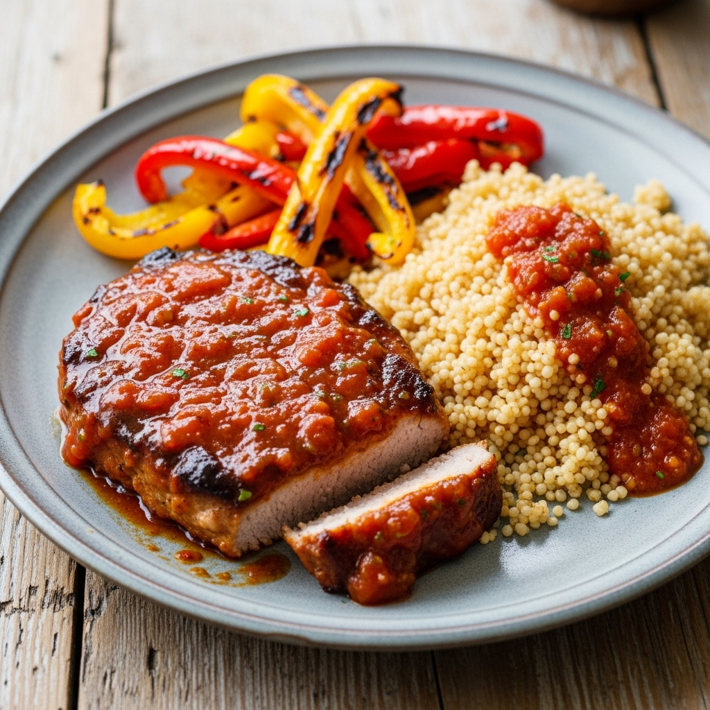 Salsa-glaseret nakkekotelet med grillede peberfrugter og fuldkorns-couscous