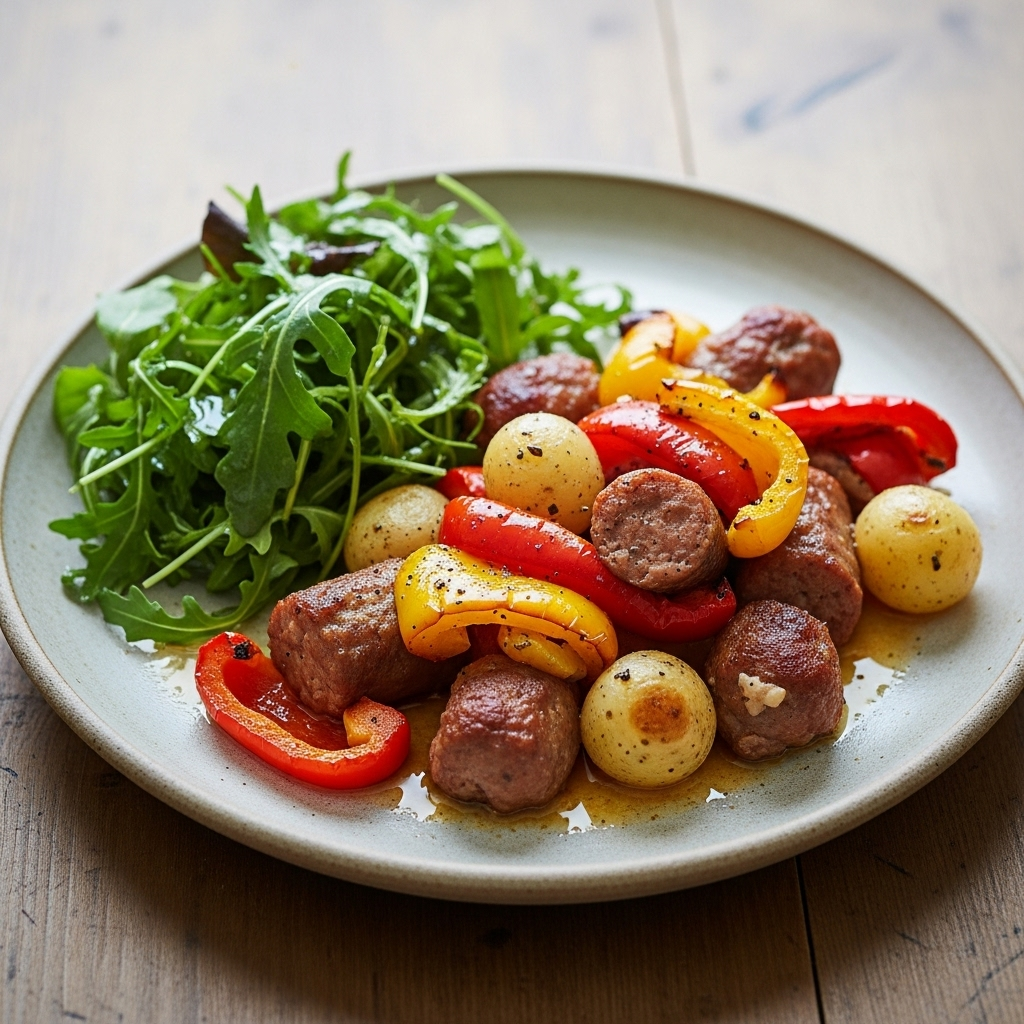 Ovnbagt salsiccia i fad med karamelliserede peberfrugter og perlekartofler, serveret med frisk grøn salat ved siden af.