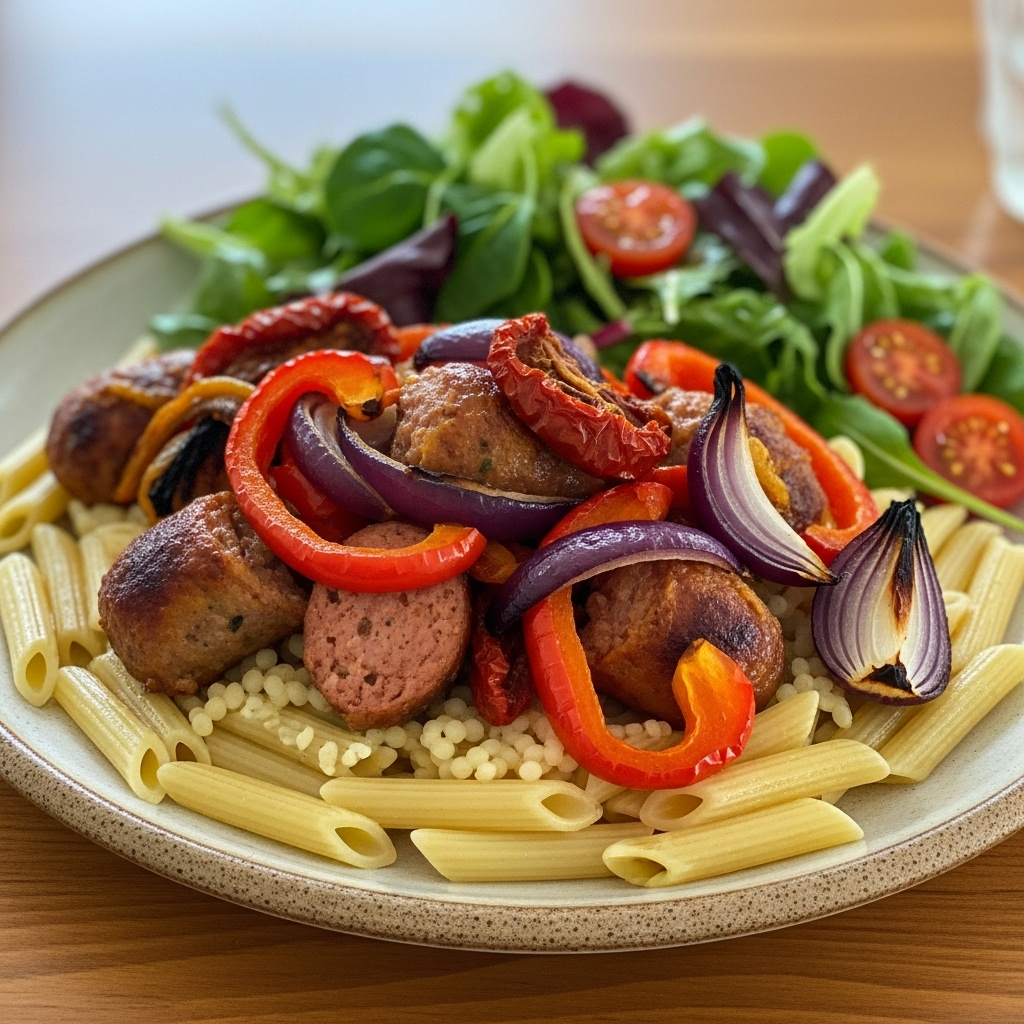 Rustik ovnret: salsiccia med røde peberfrugter, rødløg og soltørrede tomater i fad, serveret med fuldkornspenne og frisk grøn salat.