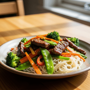 Sauteret okseku00f8d med spru00f8d wokblanding pu00e5 risnudler