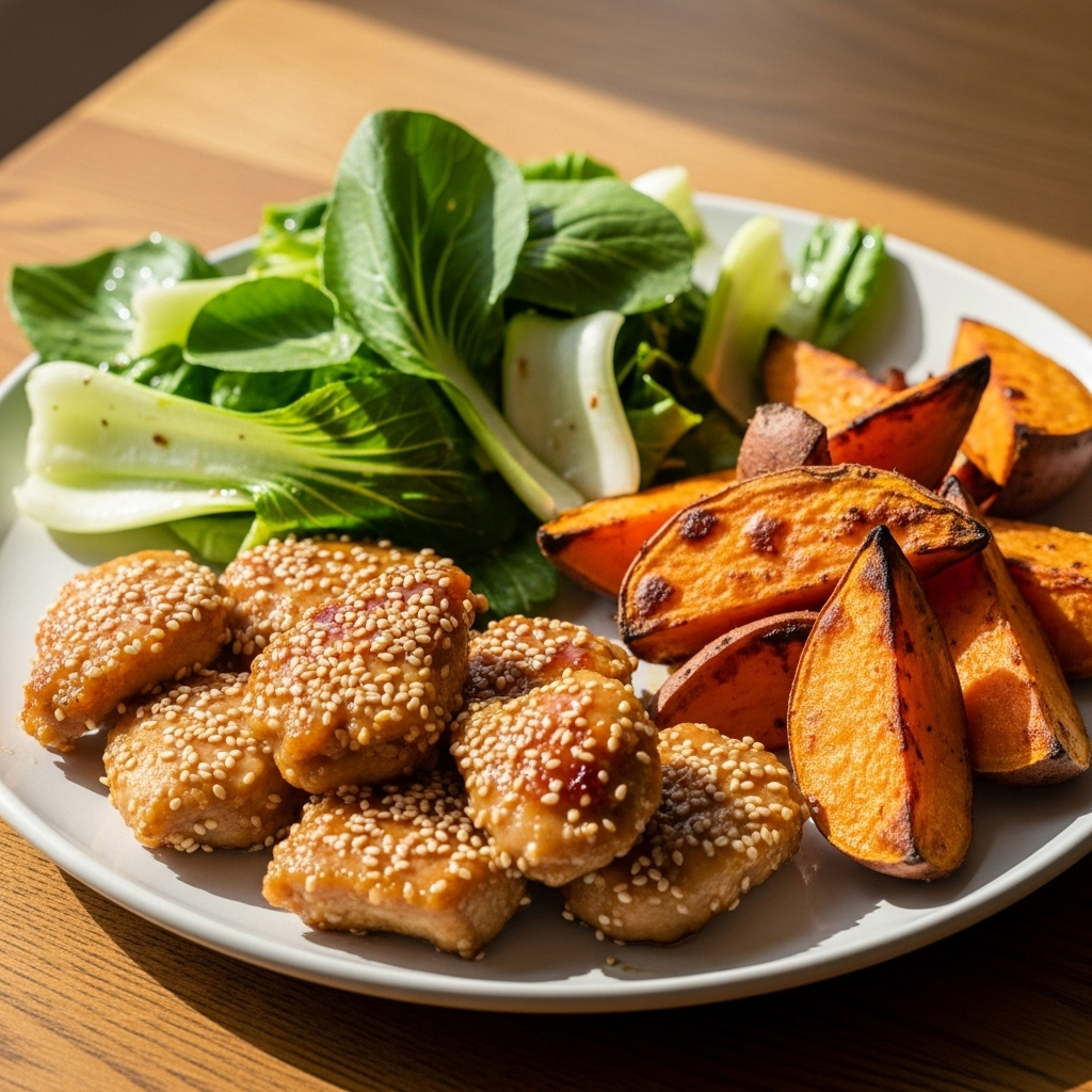 Sesamglaserede kyllingestykker med stegte søde kartofler og pak choi-salat
