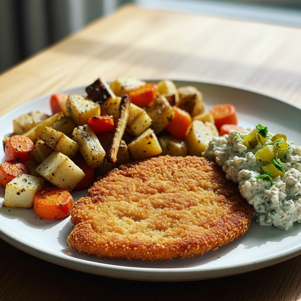 Skinkeschnitzel med ovnbagte rodfrugter og grov remoulade