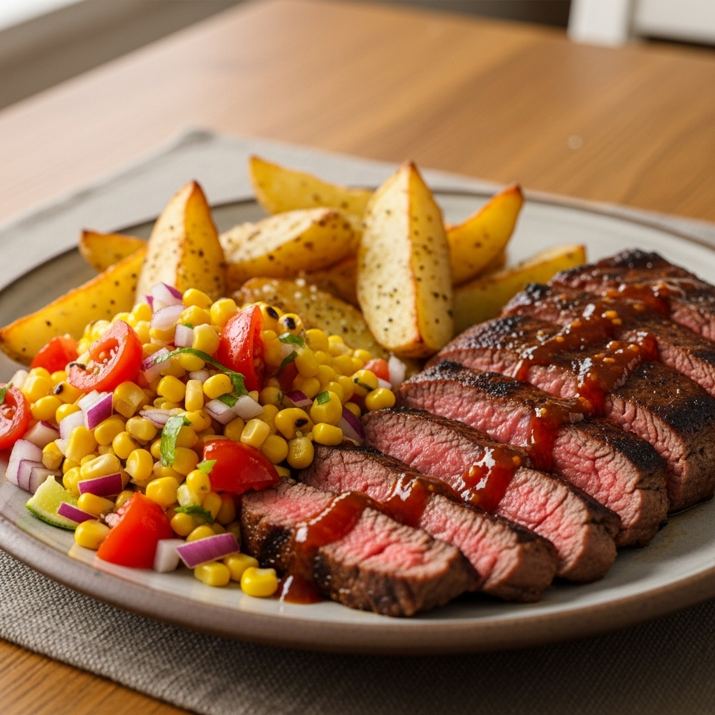 Sød-chili grillet flanksteak med majssalsa og ovnbagte kartoffelbåde