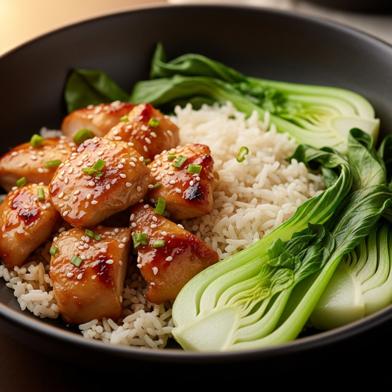 Sød-soja kylling med jasminris og dampet pak choi