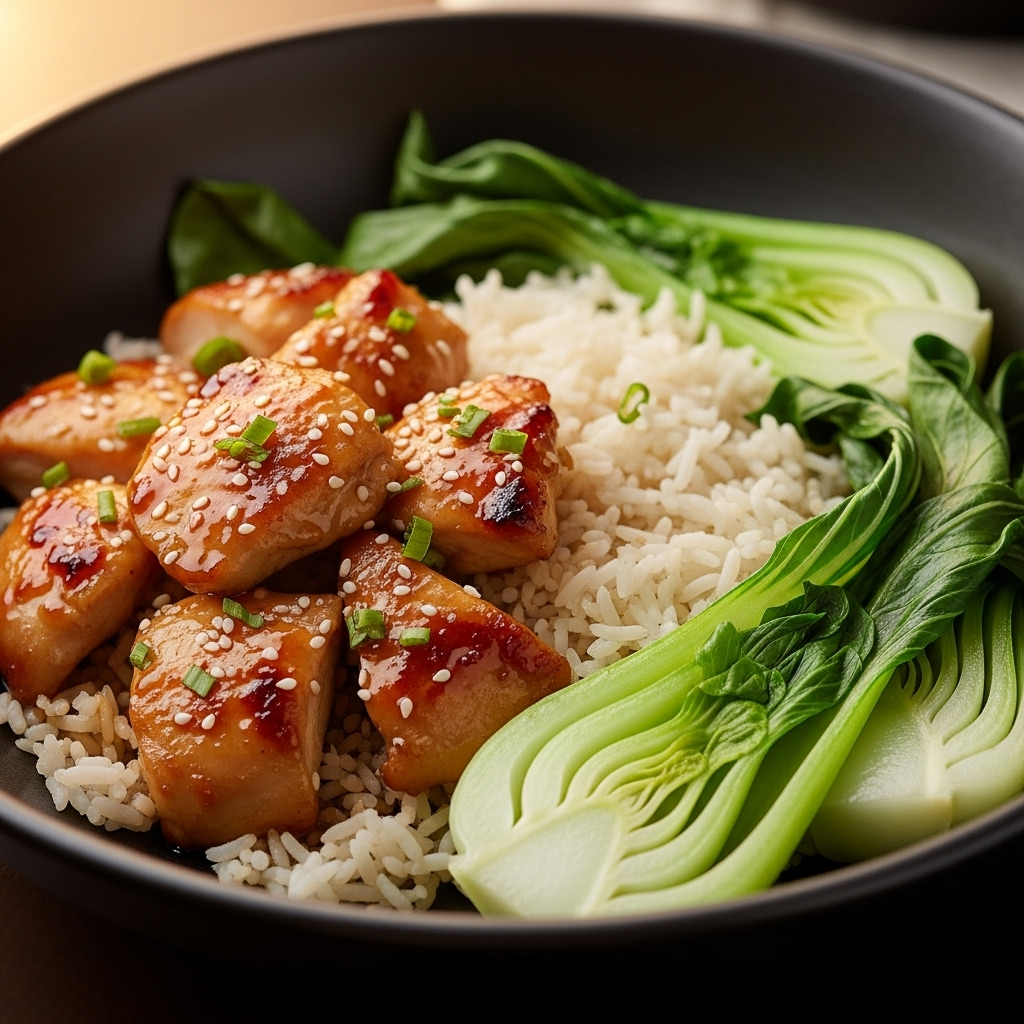 Skål med sød-sojaglaserede kyllingestykker, jasminris og dampet pak choi, drysset med sesam og forårsløg.