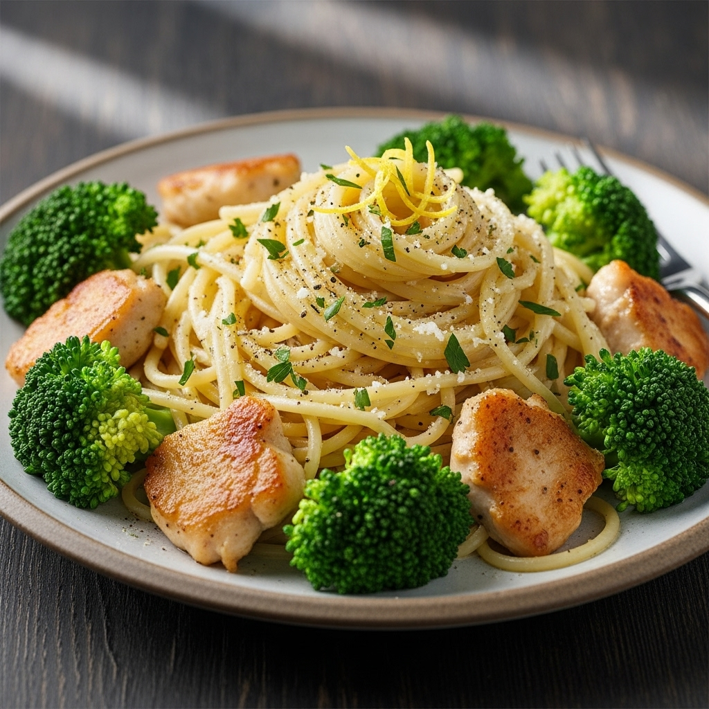 Spaghetti al Limone med stegt kylling og dampet broccoli