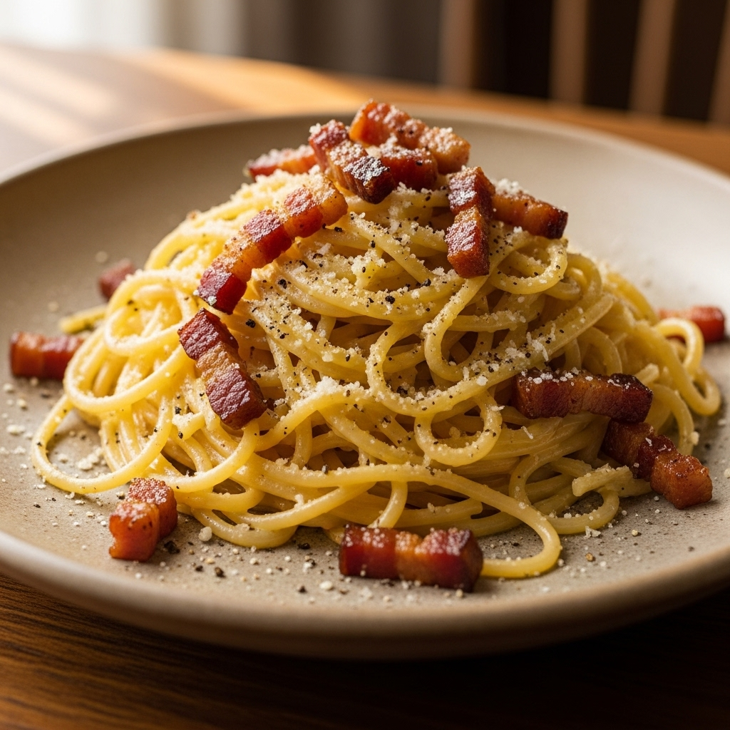 Tallerken med spaghetti alla carbonara: al dente pasta i cremet ægge-ostesauce, sprødt bacon, revet parmesan og friskkværnet sort peber.