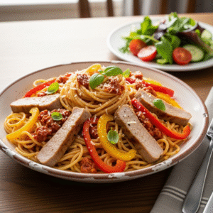 Spaghetti med svinemu00f8rbrad i cremet ru00f8d pesto, ristede peberfrugter og gru00f8n salat