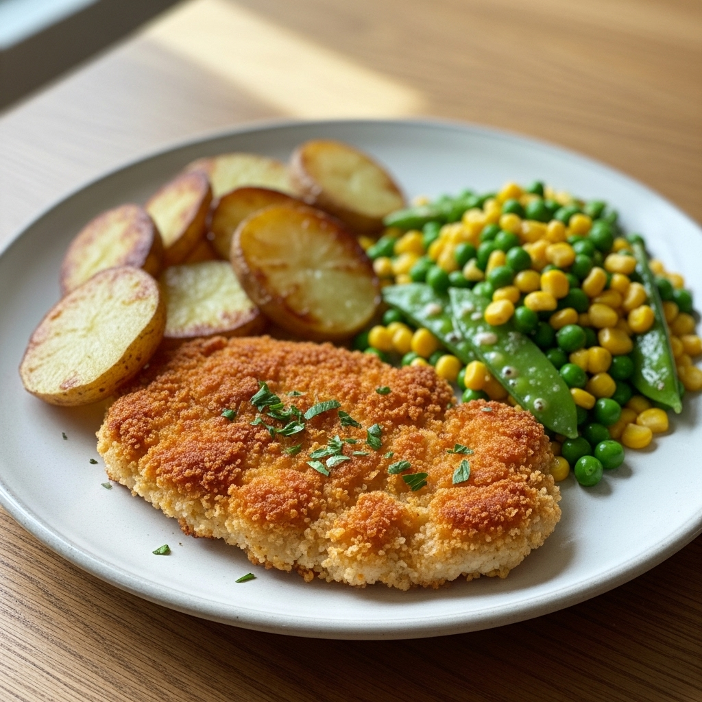 Sprød paneret kylling med kartoffelskiver og majs- og ærtesalat
