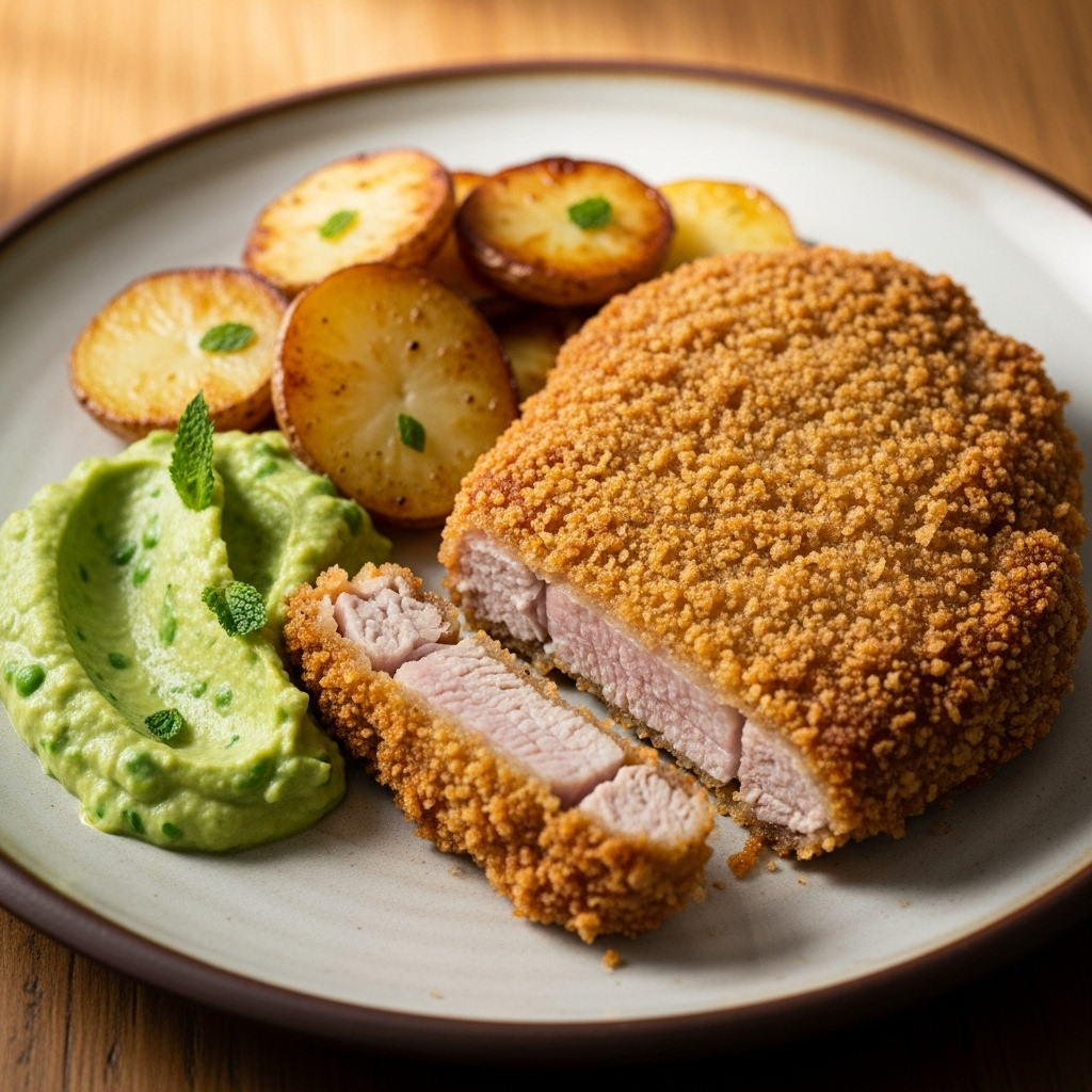 Sprød panko-paneret nakkekotelet, ristede kartoffelskiver og lysgrøn ærte-myntepuré på tallerken.