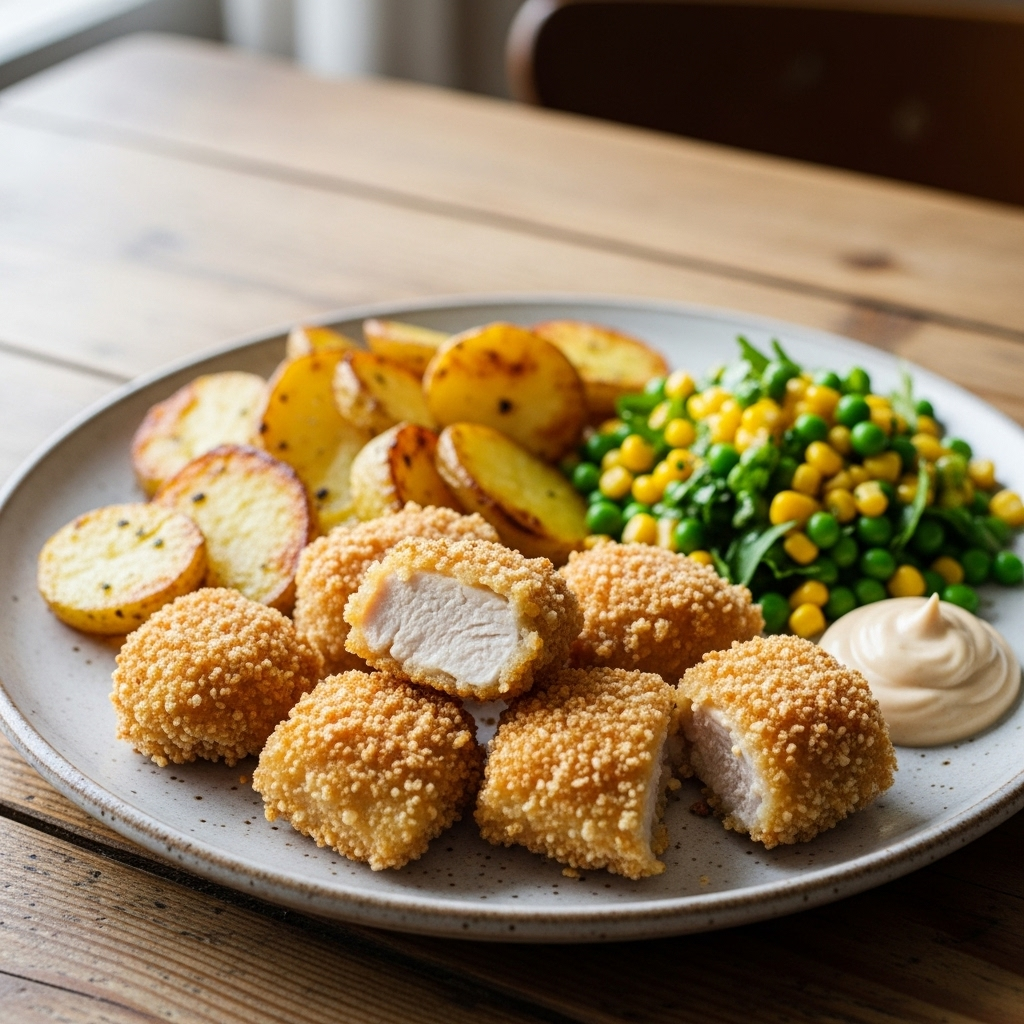 Sprøde, panko-panerede kyllingestykker serveret med ovnbagte kartoffelskiver, majs-ærtesalat og mild aioli.