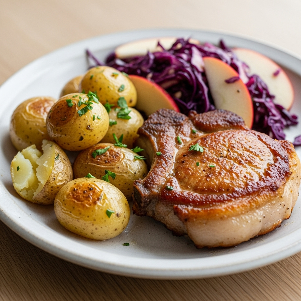 Sprøde nakkekoteletter med ovnbagte perlekartofler og æble-rødkålssalat