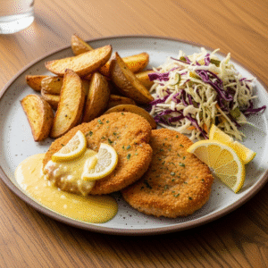 Spru00f8de skinkeschnitzler med citron-smu00f8rsauce, kartoffelbu00e5de og spru00f8d ku00e5lsalat