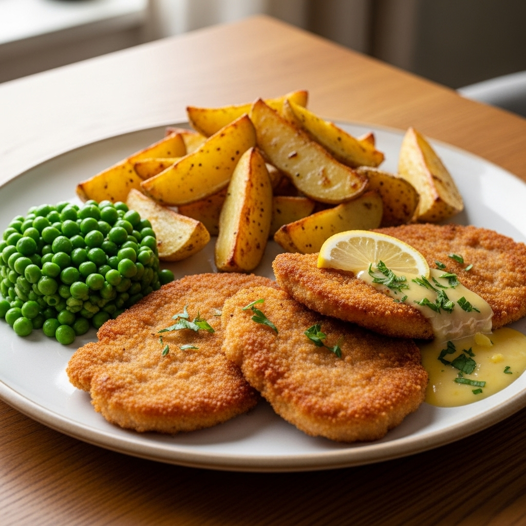 Sprøde skinkeschnitzler med kartoffelbåde, ærter og citron-smørsauce