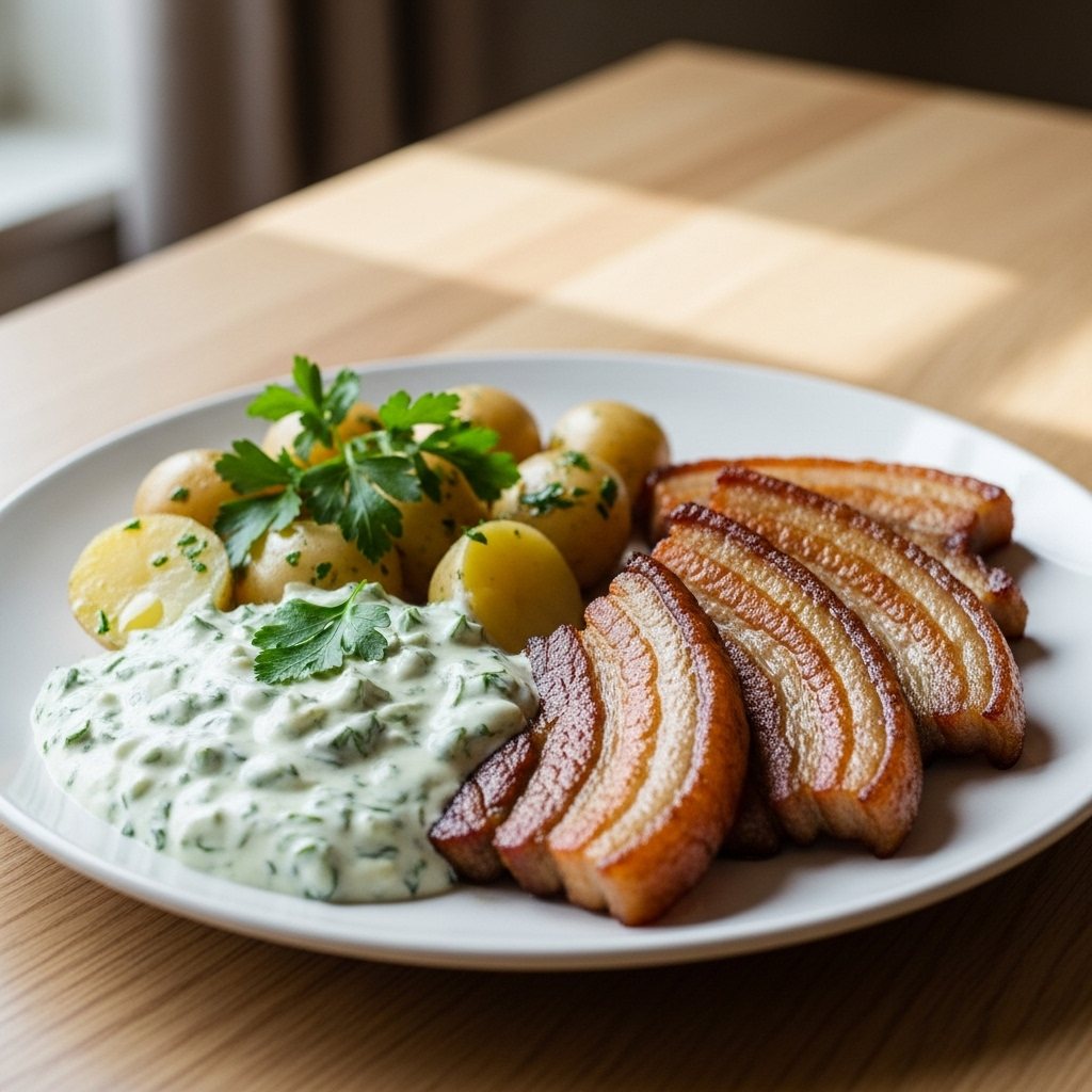 Stegt flæsk med persillesovs og nye kartofler