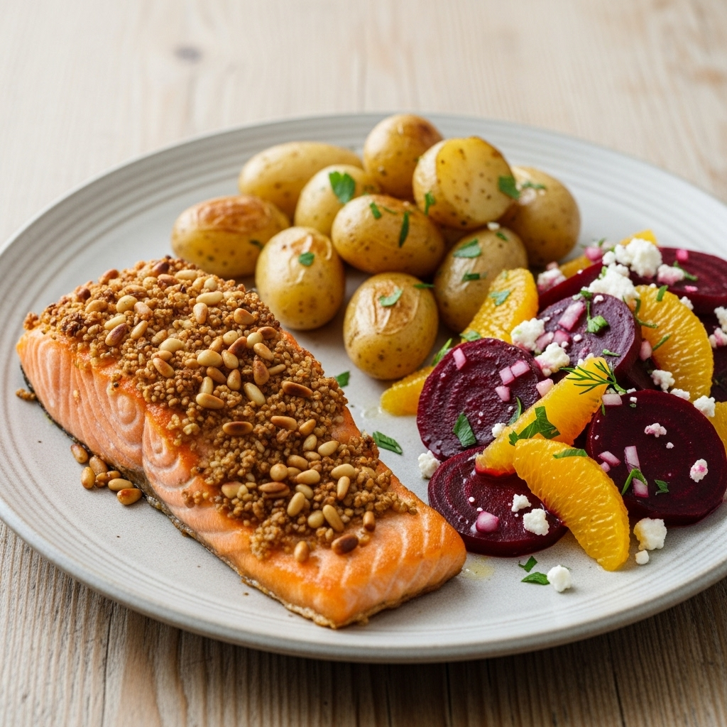 Stegt laks med pinjekerne-crust, ovnbagte perlekartofler og rødbede-appelsinsalat med feta på tallerken.