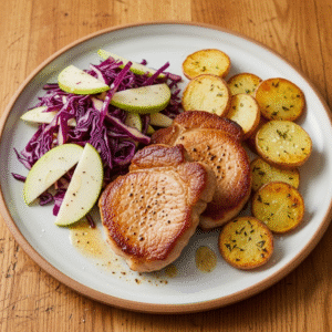 Stegte nakkekoteletter med u00e6ble-ru00f8dku00e5lssalat og ovnbagte kartoffelskiver