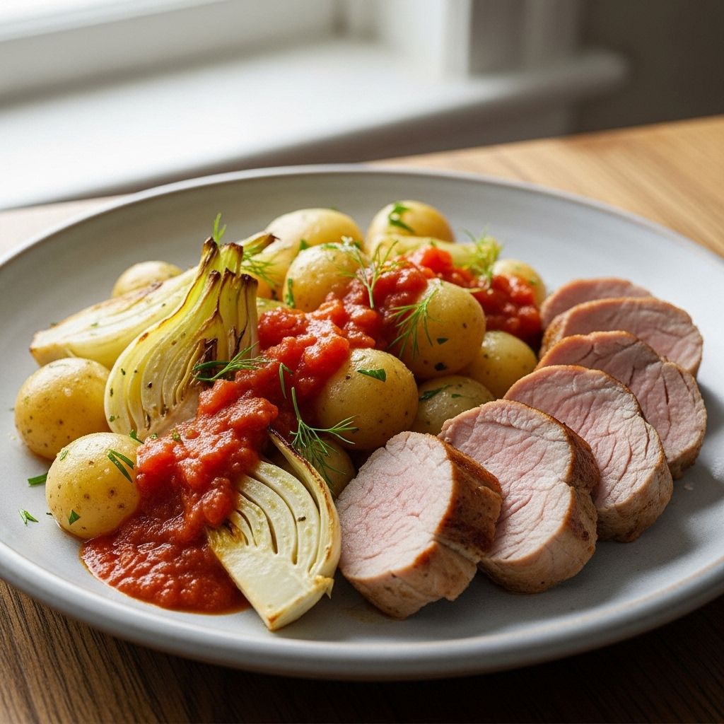 Skiver af saftig svinefilet med karamelliseret fennikel og perlekartofler i mild tomatsauce, anrettet i fad – enkel, rustik hverdagsret.