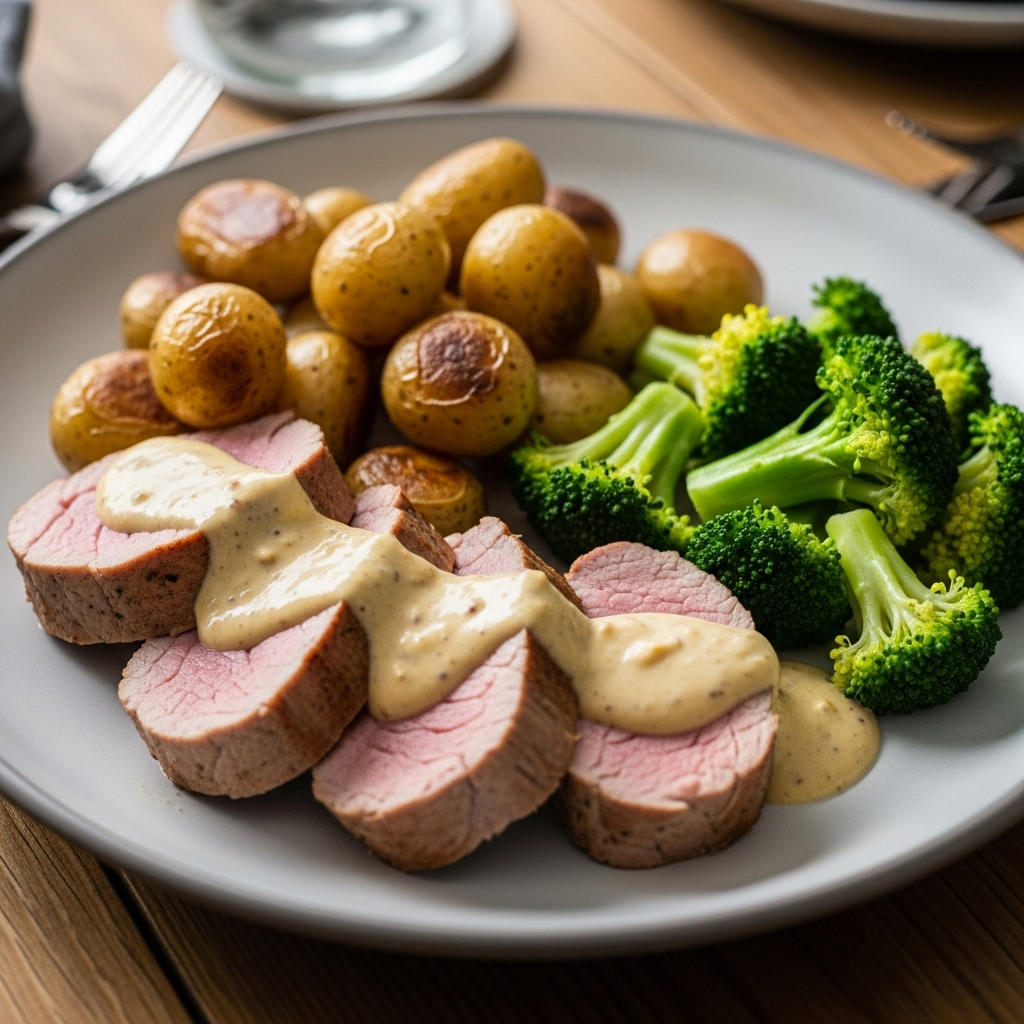 Svinemørbrad med blød sennepsflødesauce, ovnristede perlekartofler og dampet broccoli