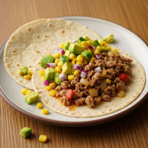Tacos med krydret hakket gris, majs- og avocadosalsa og fuldkornstortillas