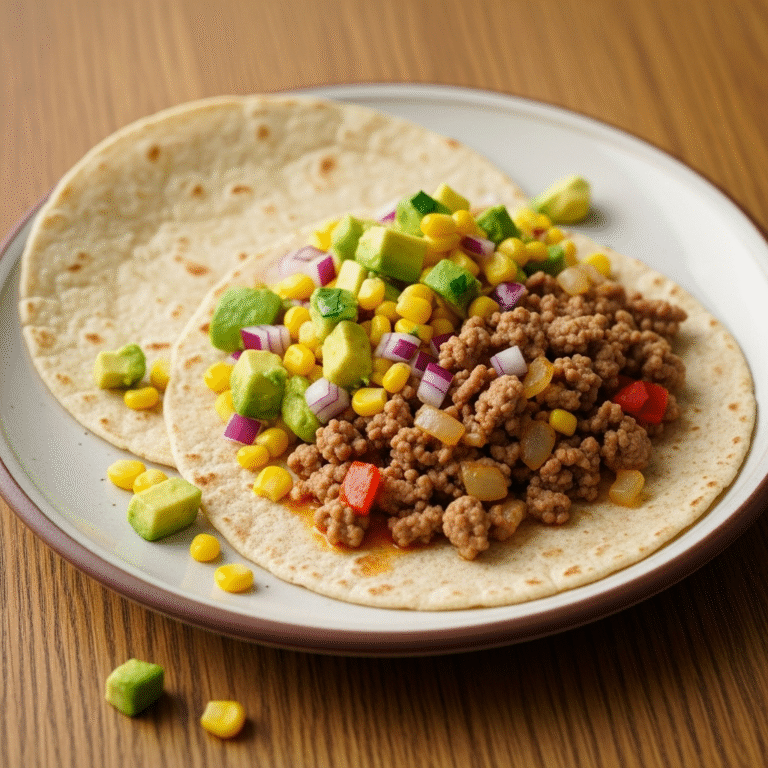 Tacos med krydret hakket gris, majs- og avocadosalsa og fuldkornstortillas