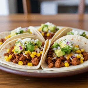 Tacos med krydret hakket gris, majs og frisk avocadosalsa