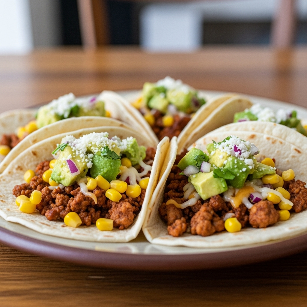 Tacos med krydret hakket gris, majs og frisk avocadosalsa