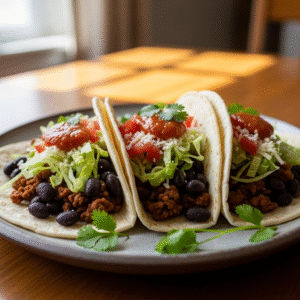 Tacos med okseku00f8d, sorte bu00f8nner og mild salsa
