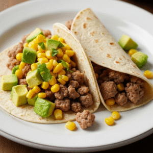 Tex-mex hakket gris i tortillas med majs- og avocadosalsa