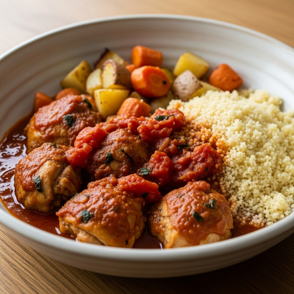 Tomat-braiseret kylling i tomatsauce med couscous og ovnbagte rodfrugter; enkel, varm hverdagsret.