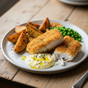 Torskefileter i spru00f8d skorpe med krydrede ovnkartofler og citron-remoulade
