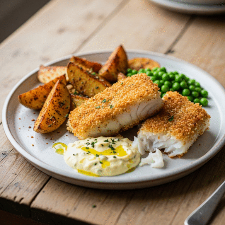 Torskefileter i sprød skorpe med krydrede ovnkartofler og citron-remoulade