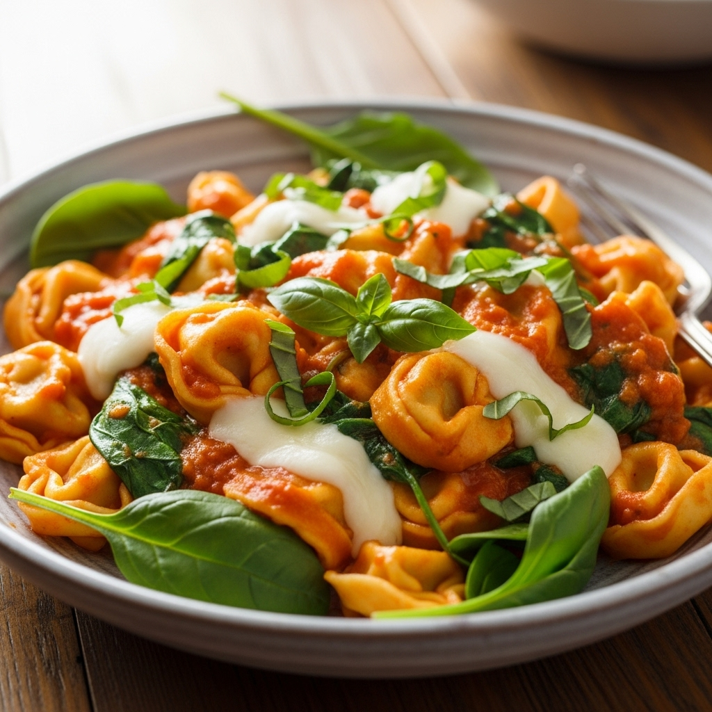 Tortellini i cremet tomatsauce med spinat og smeltet mozzarella, toppet med frisk basilikum.