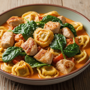 Tortellini med kylling, spinat og cremet tomatsauce