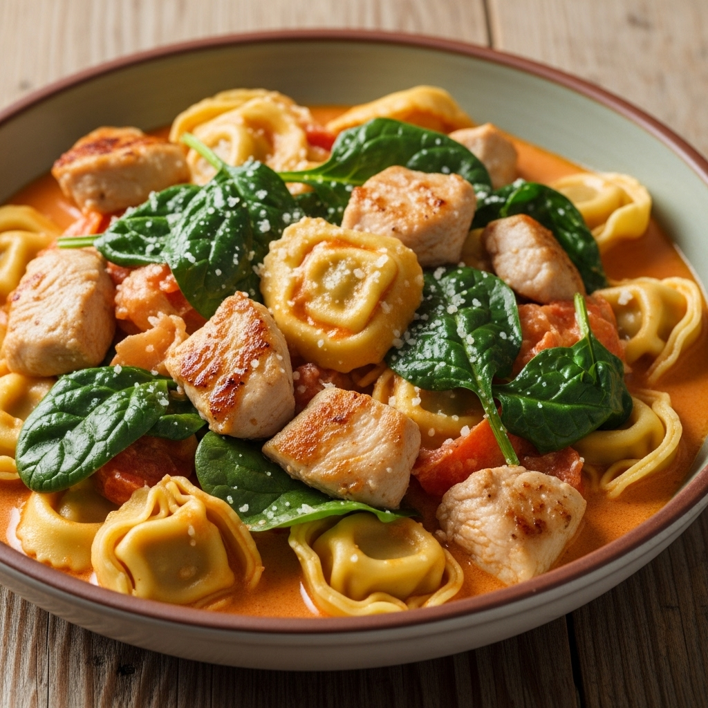 ALT-tekst: Dyb tallerken med tortellini, kylling og spinat i cremet, rød tomatsauce, toppet med revet ost og med groft brød ved siden af.