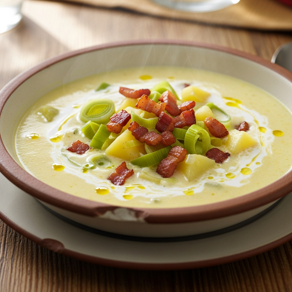 Kartoffelsuppe med porrer, fløde og sprød bacon