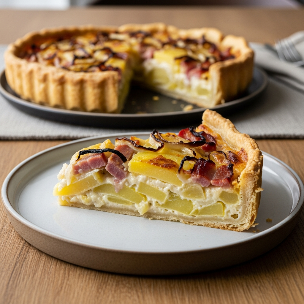 Kartoffeltærte med bacon, løg og fløde