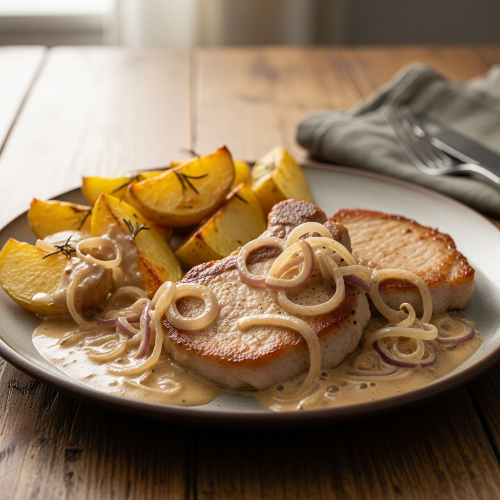 Koteletter i fad med løg, fløde og ovnbagte kartofler