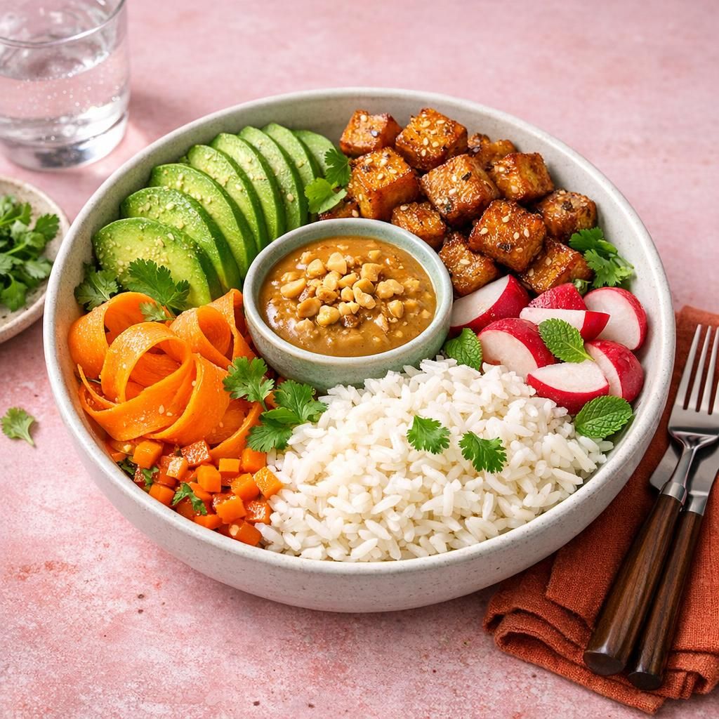 Asiatisk avocado- og tofubowl med jasminris og friske grøntsager